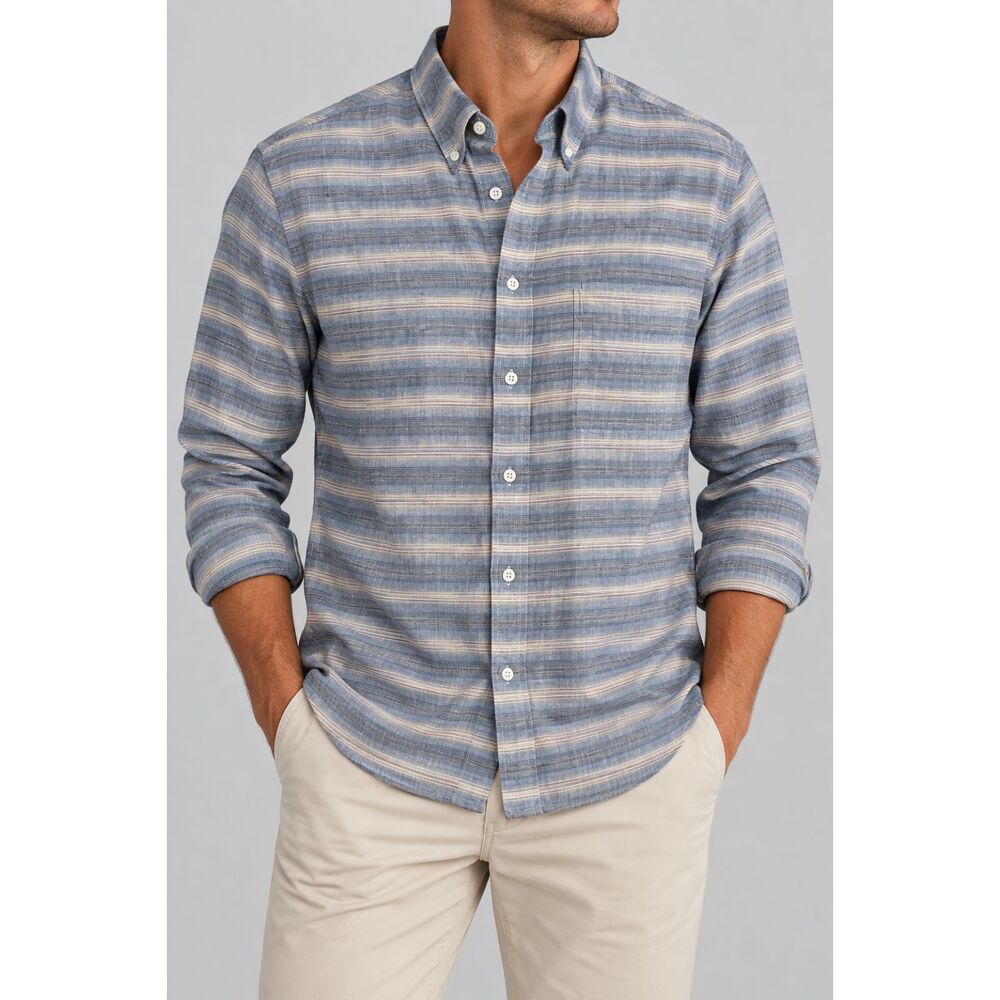 Billy Reid Linen Cotton Striped Button Down Shirt Men’s L Italy Standard Cut